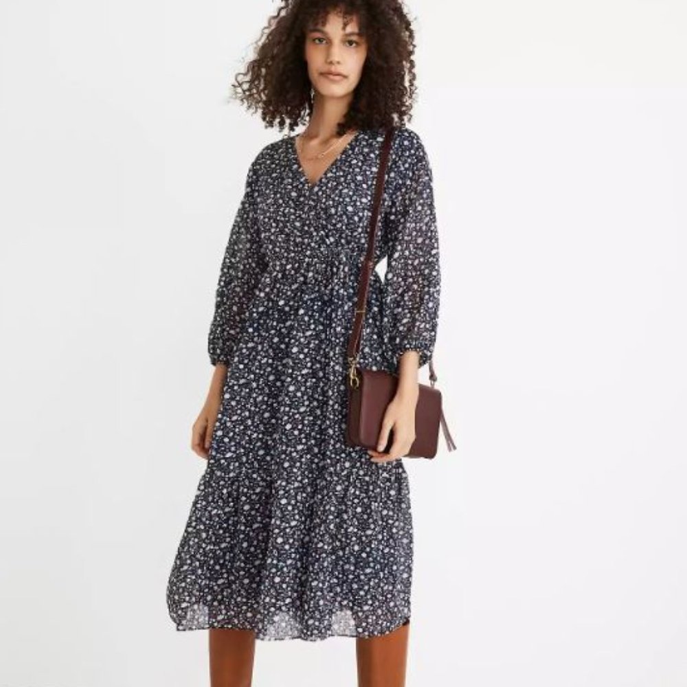 Madewell Navy Floral Tie-Waist Midi Dress Harvest